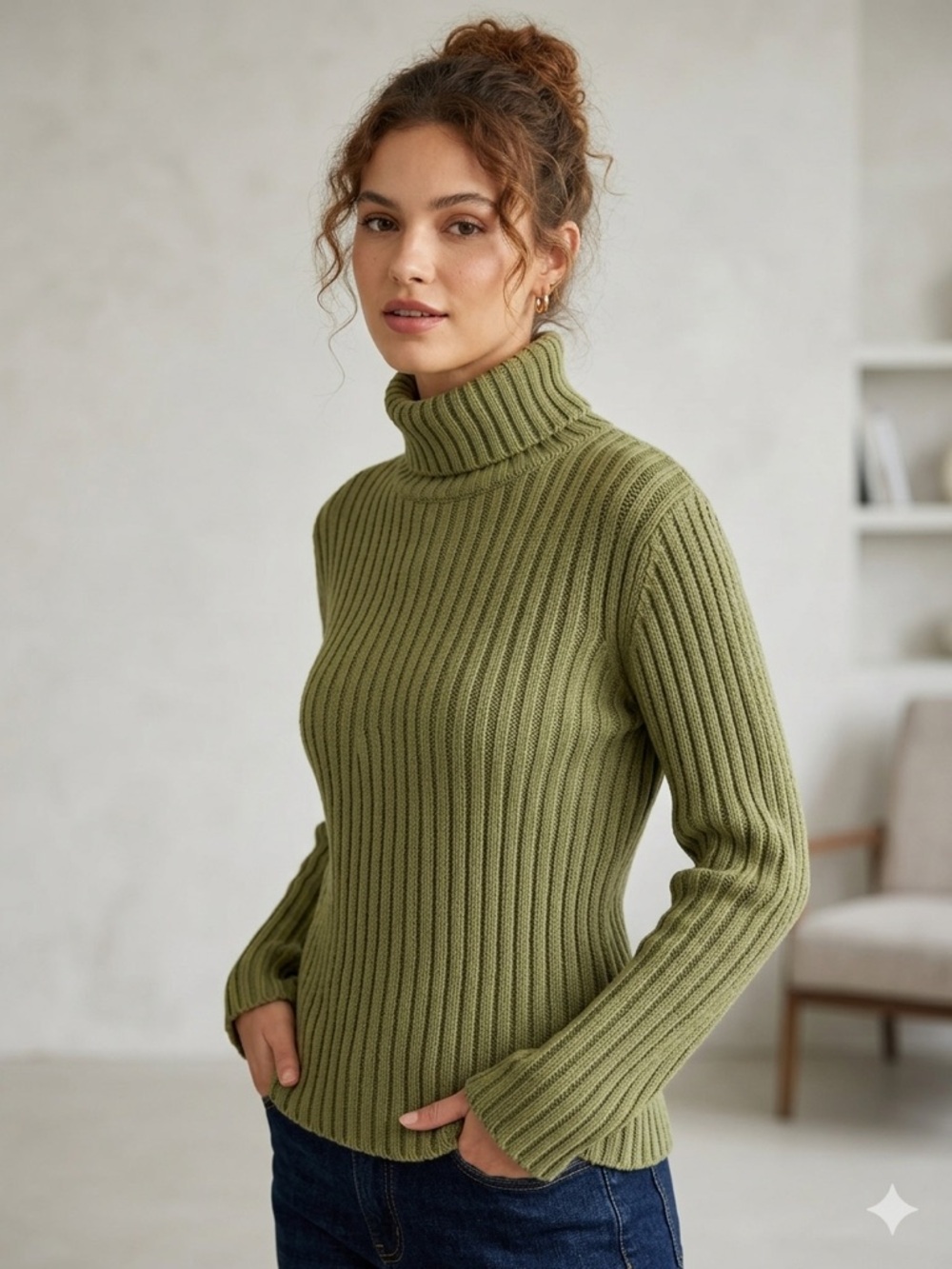 United Colors of Benetton Ribbed Turtleneck Sweater Green Made In Italy M